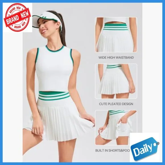 High Waisted Pleated Tennis Skirt Set with Built-in Bra and Pockets - Picture 5 of 7